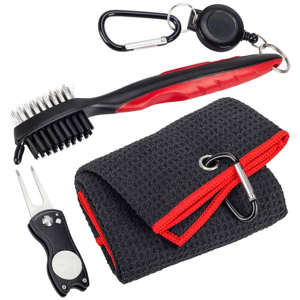 Hutigertech Golf Towel Microfiber Waffle Pattern Golf Towel | Club Groove Cleaner Brush | Foldable Divot Repair Tool with Magnetic Ball Marker, 3 in 1 Golf Cleaning Tool Set