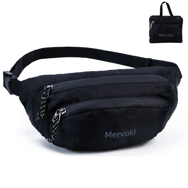 Mervokl Ultraleicht Faltbar Bauchtasche 2L Groß Gürteltasche Sport Hüfttasche Wasserdicht Stylisch Hip Bum Waist Bag Fanny Pack für Outdoor Reise Wandern Herren und Damen Schwarz