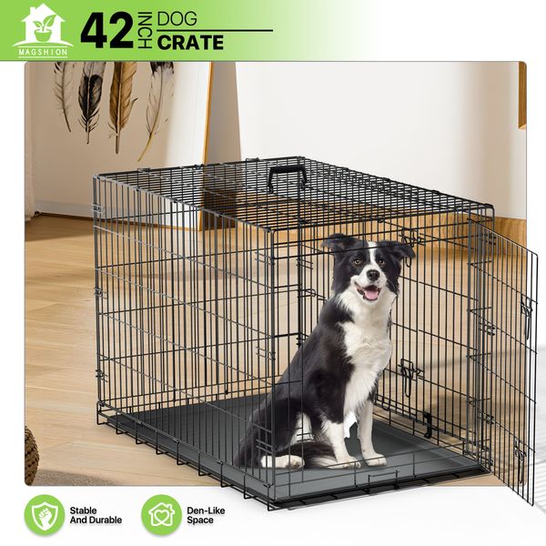 Folding 42" Dog Kennel Metal Portable Pet Crate Cage Double doors w/Tray Black