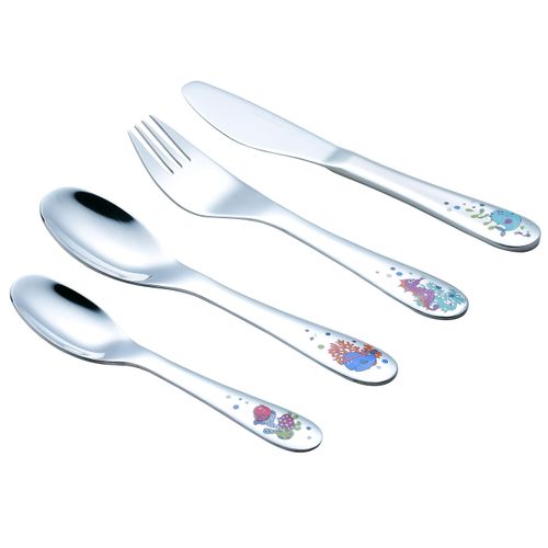 EXZACT Childrens Cutlery 4pcs Set Stainless Steel/Kids Cutlery/Toddler Utensils/Flatware - 1 x Fork, 1 x Safe Dinner Knife, 1 x Dinner Spoon, 1 x Dessert Spoon with Illustrations