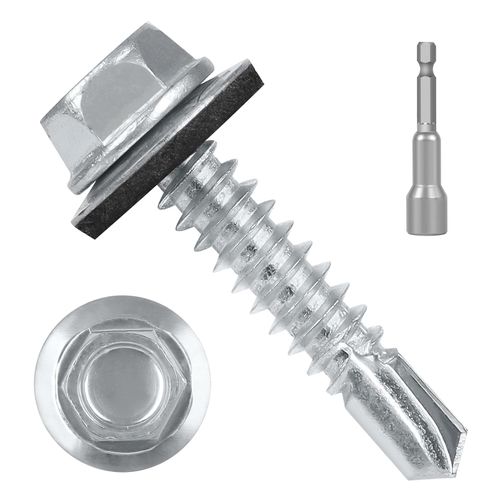 #10 x 1 (50 PCS) Metal Roofing Screws with Rubber Washer, Hex Head Metal to Wood Self Tapping Siding Screws, Self Drilling Sheet Metal Screw, Hex Bit Socket Included