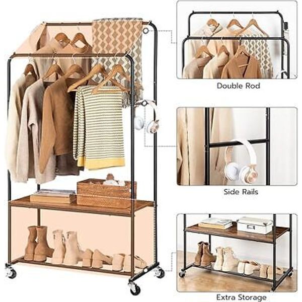 Rolling Garment Rack Rolling Clothes Organizer Double Rails Hanging on Wheels