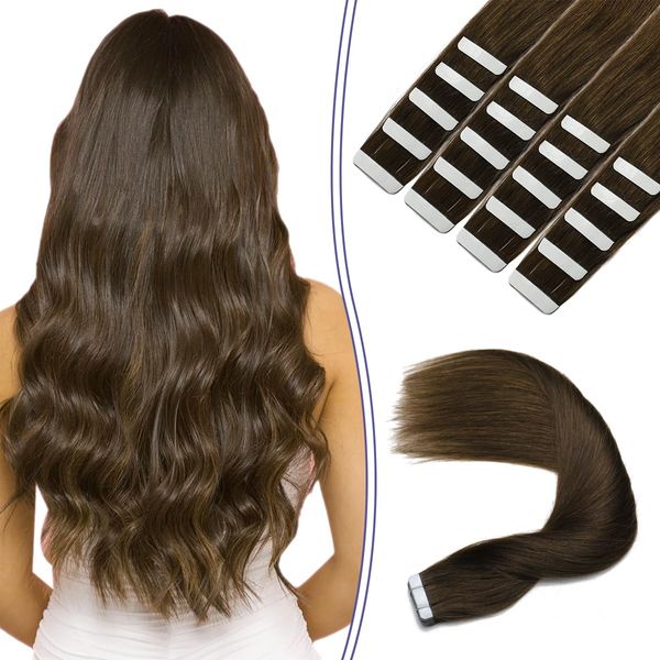 Sindra Tape Extensions Echthaar Braun 20pcs 50g 45cm Extensions Echthaar Invisible Tape in Extensions Echthaar Remy Echthaar Extensions Seidig Gerade Skin Weft Tape Ins #4 18 Zoll