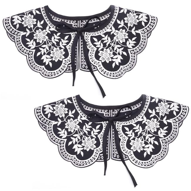 AHANDMAKER 2 pcs Black Embroidered Lace Neckline Trim Detachable Lace Collar for Women Polyester False Collar Scalloped Edge Neckline Trim Clothes Sewing Applique Edge