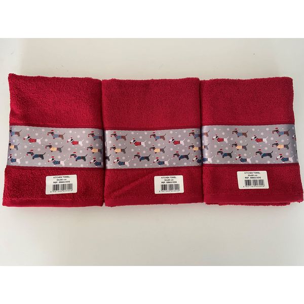 Jansons Direct Linens 100% Cotton 3 Pack Colourful Dachshund Dogs Design Kitchen Hand Tea Towels in Red