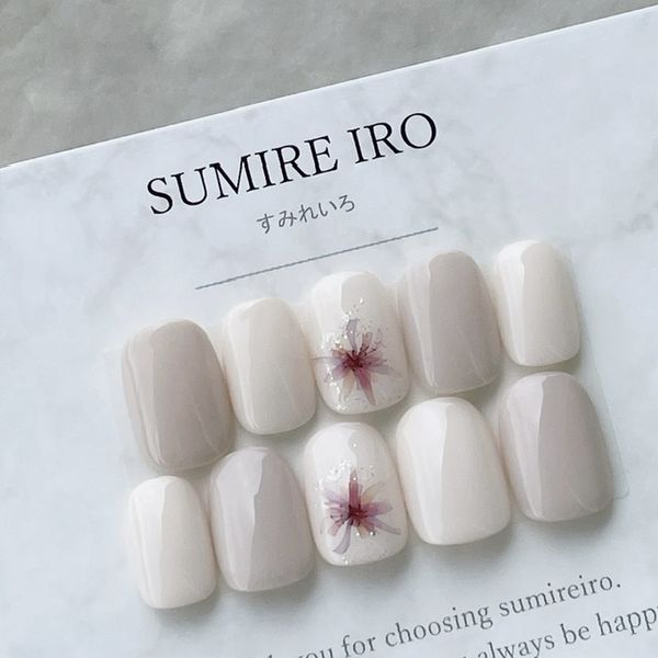 Nail Tip False Nails Design Bridal Cute Short Long Simple Coming of Age Present Mother Gel Nails Short Nails Adults Office Small Nails Large Nails Very Short Chibi Nails Wedding Wedding False Nails●Ivory x Silky Greige Flower Simple Nails