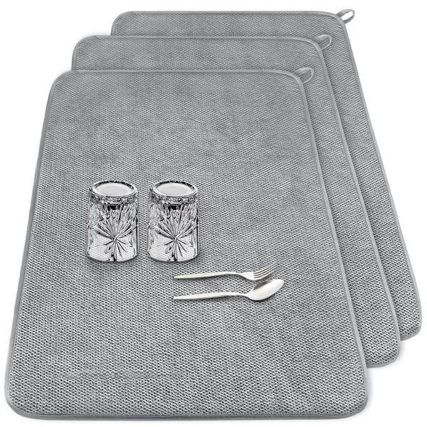 3-Pack XXL Absorbent Dish Drying Mats Large Pad Set for Kitchen 24"x17" Gray