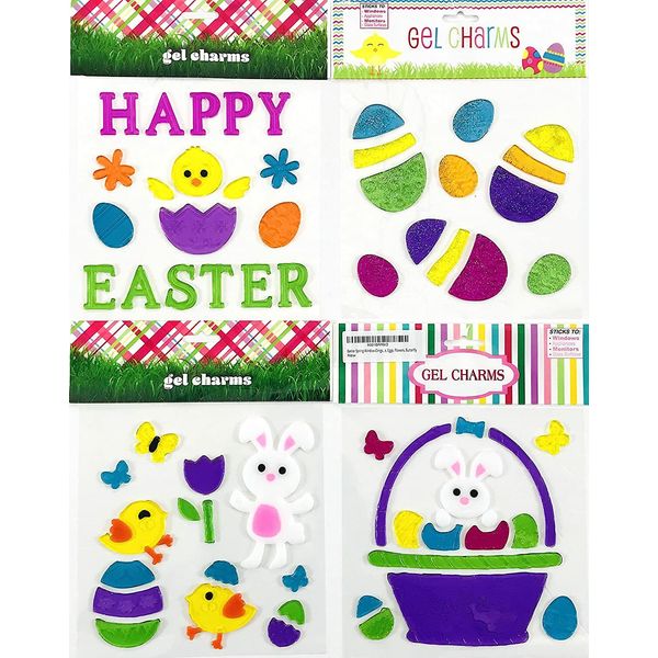 Easter Spring Window Clings Gel Decoration Pack Bunnies, Eggs, Flowers Chicks