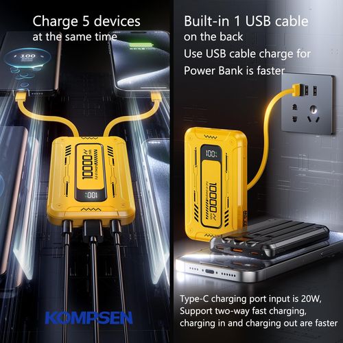 KOMPSEN Mini Power Bank Built in 3 Cables Slim 10000 mAh Portable Charger with LED Mirror Display Compatible Almost Cell Phones (Yellow)