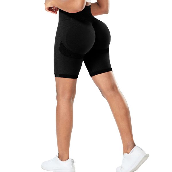 RIOJOY Kurze Leggings Damen Push Up Booty Sport Shorts High Waist Seamless Scrunch Butt Sportleggins für Gym Fitness Workout Yoga, Schwarz XS