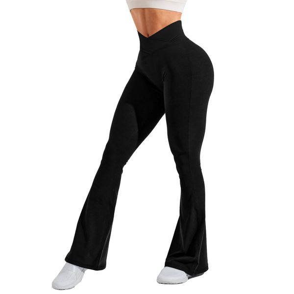 Navneet Damen Schlaghose Yoga Hose Lang Wide Leg Freizeithose Flared Leggings High Waist Jazzpants Tanz 70er Yoga Pants Schwarz M