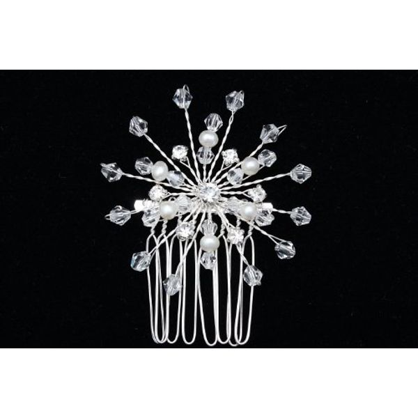 Handmade Freshwater Pearl Crystal Flower Bridal Wedding Tiara Hair Comb - Silver Plated FC021