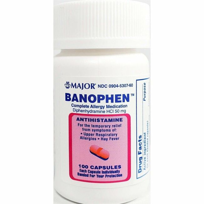 Major Banophen Diphenhydramine 50mg Antihistamine 100ct  -Exp 04-2025