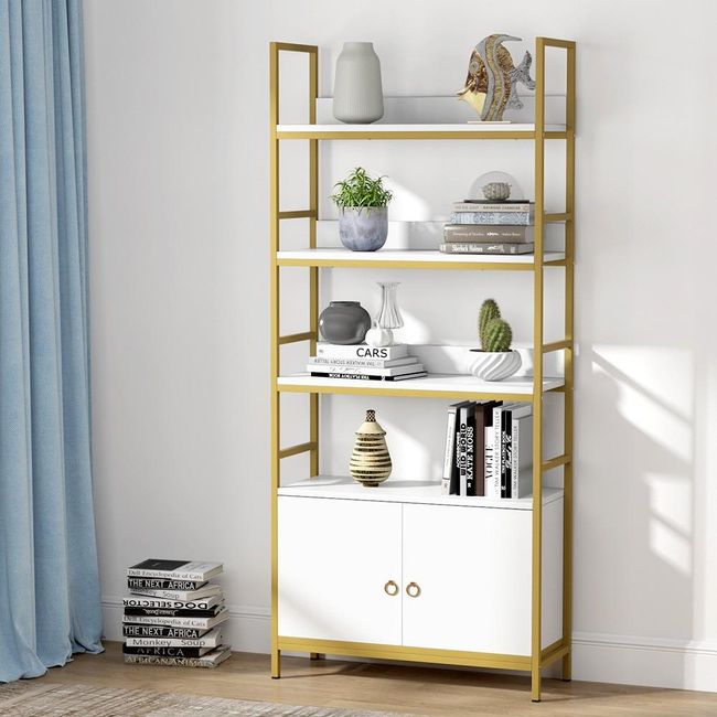 Tribesigns Gold Bookcase with Door, 4-Tier White Etagere Standard Bookshelf with Storage Cabinet