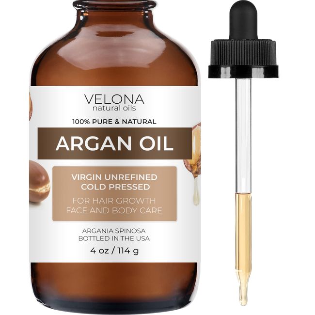 velona Argan Oil - 4 oz (With Dropper) | Morocco Oil For Hair Growth, Skin, Body and Face Care | Unrefined, Cold Pressed | 100% Natural and Moisturizing Carrier Oil | Cap Kit