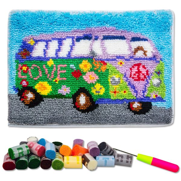 LAPATAIN Latch Hook Kits DIY Crochet Yarn Kits,Flower Car Carpet Embroidery Hook Rug Kit Needlework Sets Cushion for Kids or Adults Home Decor 20x15inch