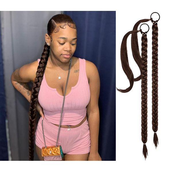 2 Packs Long Braided Ponytail Extension For Black Women Soft Synthetic Hair Piece For Women with Hair Tie Straight Wrap Around Ponytail Braided Hair Extensions pre Stretched (4#)