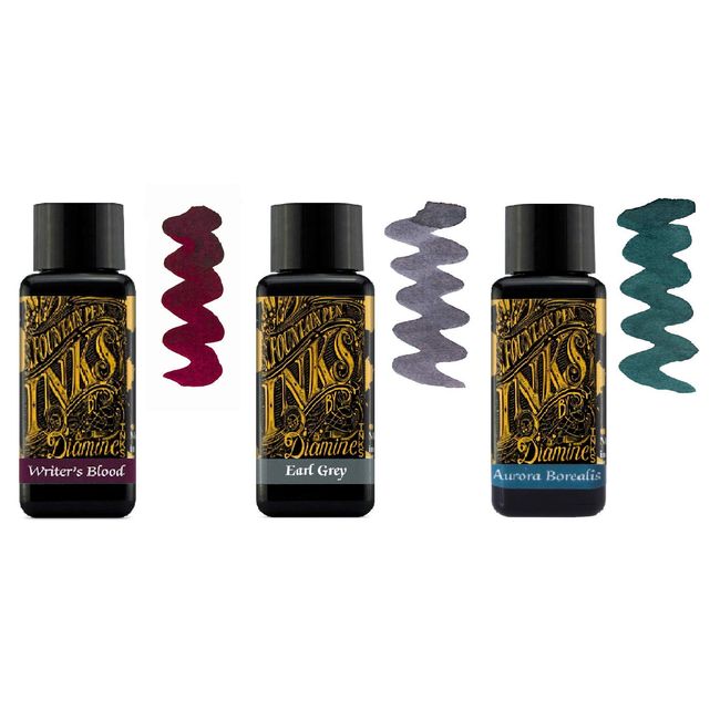 Diamine Fountain Pen Ink 30ml - 3 x Bottles - Writer's Blood & Earl Grey & Aurora Borealis, Writer's Blood, Earl Grey, Aurora Borealis