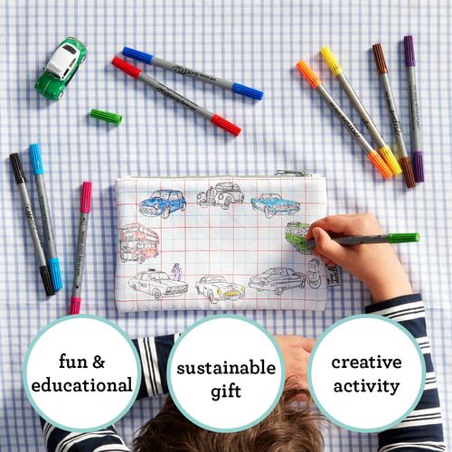 eatsleepdoodle Cars and Tractors Pencil Case for Kids w/ 10pk Washable Markers - 8.5x6in Coloring Pencil Pouch - Ultra Washable & Reusable Arts and Crafts for Kids