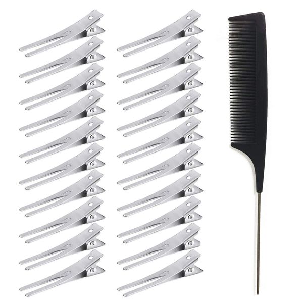 VEGCOO 60 Pack Profession Hairdressing Double Prong Pin Curl Clips, 1.8 Inches Hair Clips Metal Alligator Clips Styling Clips for Hair Styling and Haircut