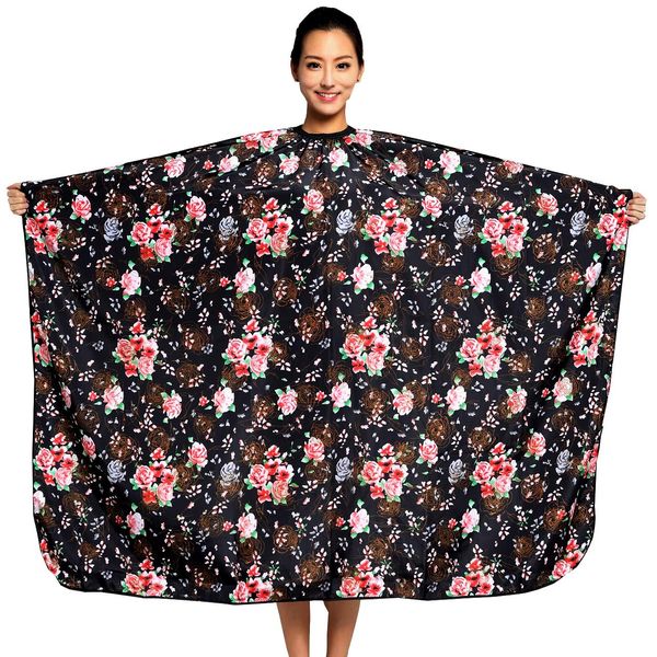 KAHOT Hairdressing Gown Barbers Cape Black Rose Flowers Cape with Snap Closure Waterproof Women Professional Barbers Hairdressers Gown for Hair Styling Colours Haircuts (Rose Cape)