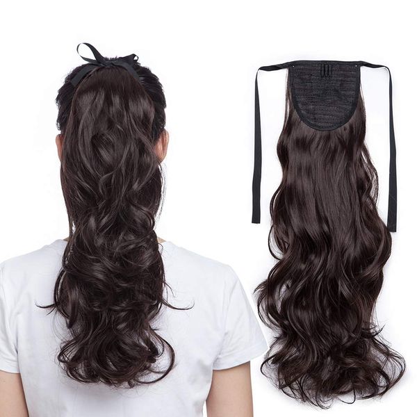 18" Ponytail Hair Extensions Binding Curly Wavy Clip in Extensions One Piece Wrap Around Tie Up - Dark Brown(45cm,90g)