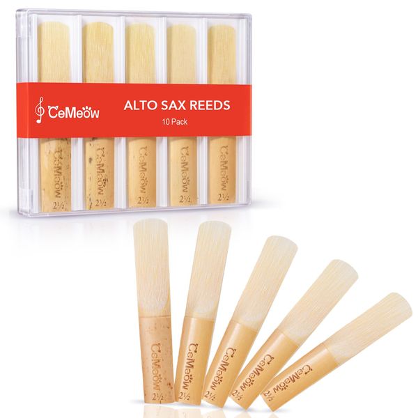 CeMeow Alto Saxophone Reeds 2.5, Professional Alto Sax Reeds 10Pack with Plastic Box, Thinner Reed Tip Advanced Cutting Technology for Saxophone Beginner and Player