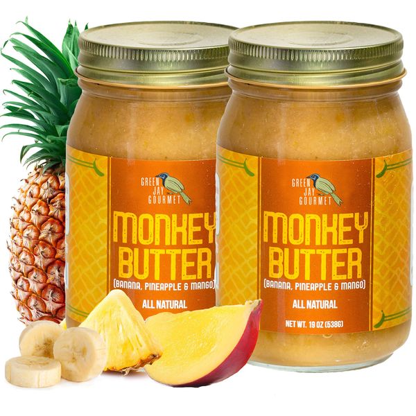 Green Jay Gourmet Monkey Butter - All-Natural, Gluten-Free Banana Butter - Pineapple Spread with Bananas & Mango - Gourmet Fruit Butter - No Corn Syrup, Preservatives or Trans-Fats - 2 x 19 Ounces