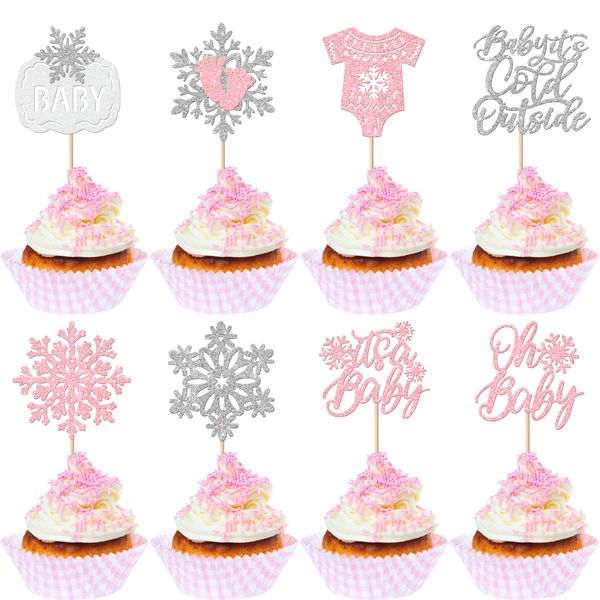 24 Pack Baby it's Cold Outside Cupcake Toppers Glitter It's a Baby Snowflake Cupcake Picks Oh Baby Baby Shower Feet Winter Forzen Kids Birthday Cupcake Decorations Party Supplies Pink