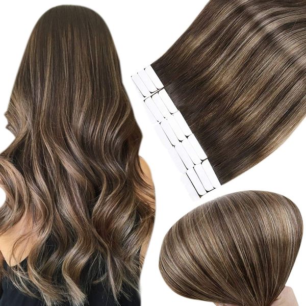 Full Shine Tape in Human Hair Extensions 18 Inch Adhesive Tape Hair Balayage Human Hair Extensions Color 2 Darkest Brown Fading to 8 Ash Brown and 2 Glue in Extensiosn Human Hair Natural 50Gram 20 Pcs