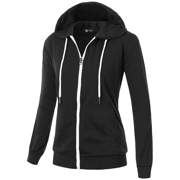 GIVON Basic Lightweight Zip Up Hoodie Long Sleeve Thin Hooded Jacket for Women with Plus Size / DCF200-BLACK-M