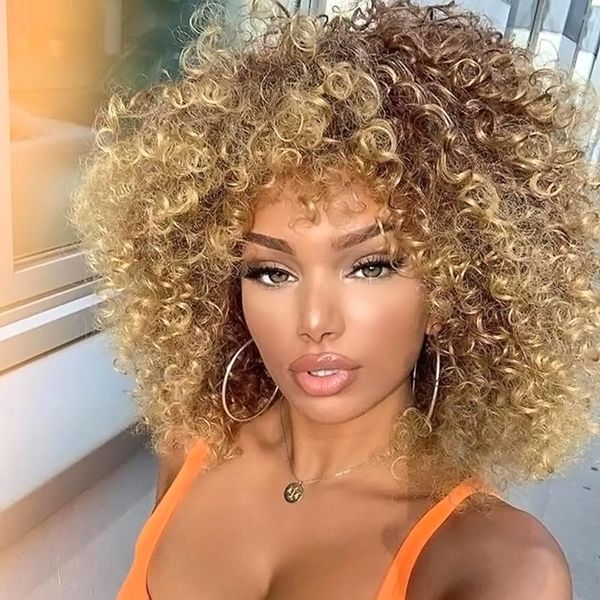 PORSMEER Lockige Afro Perücke Braun Blond Natürliche Kunsthaar mit Pony für Frauen Schulterlänge Curly Kinky Bob Wig Volume für Schwarze Damen,14 inch