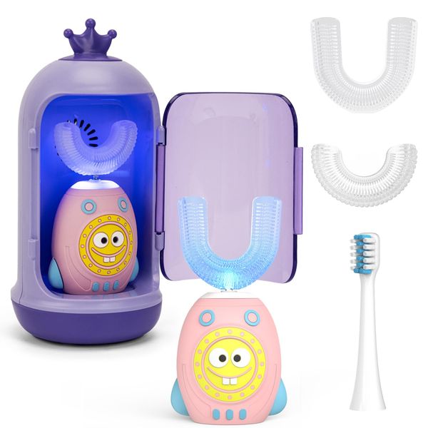 FTOYIN Kids U Shaped Electric Toothbrush, Kids Electric Toothbrushes with 5 Modes, Sonic Toothbrush Kids IPX7 Waterpoof with 3 Brush Heads, 360° Automatic Toothbrush Kids for Age 2-12