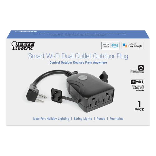 Feit Electric Smart Outdoor Plug, WiFi Waterproof Plug, 2 Grounded Sockets, Works with Alexa and Google Assistant, App Controlled, 15 Amp Indoor/Outdoor 2 Outlet Plug, Black, Plug/WiFi/WP