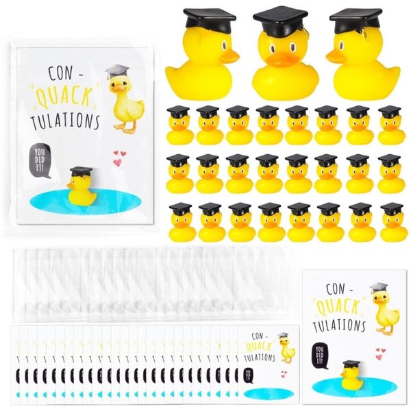 24 Pcs Graduation Ducks with Cap, Graduation Decorations Class of 2024, Heartfelt 'con Quack Tulations' Cards & Quick-Attach Foam Tape - Perfect for 2024 Graduation Gifts