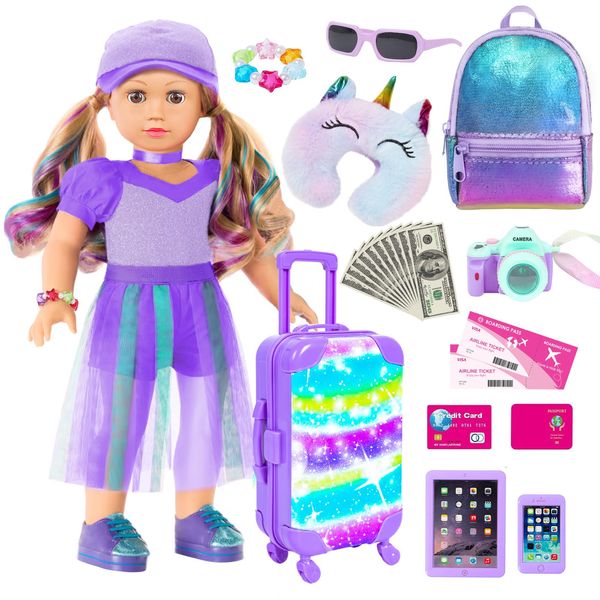 ZQDOLL American 18 Inch Doll Accessories and Clothes Travel Suitcase Set,Luggage Play Set for 18" Dolls Include Backpack Pillow Sunglasses Camera and Other Stuffs Toy Gift for Kids(No Doll & Shoes)