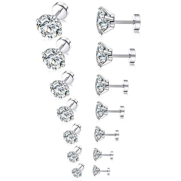 Tornito 7 Pairs 20G Stainless Steel Stud Earrings Round Cubic Zirconia Barbell Earring Set For Men Women 2MM-8MM Silver Tone