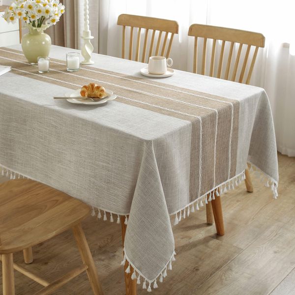 JIALE Tablecloths for Rectangle Tables, Cotton Linen Table Cloth Waterproof Tablecloth Wrinkle Free Farmhouse Dining Table Cover, Soft Fabric Table Cloths with Tassels, Brown, 55" X 70", 4-6 Seats