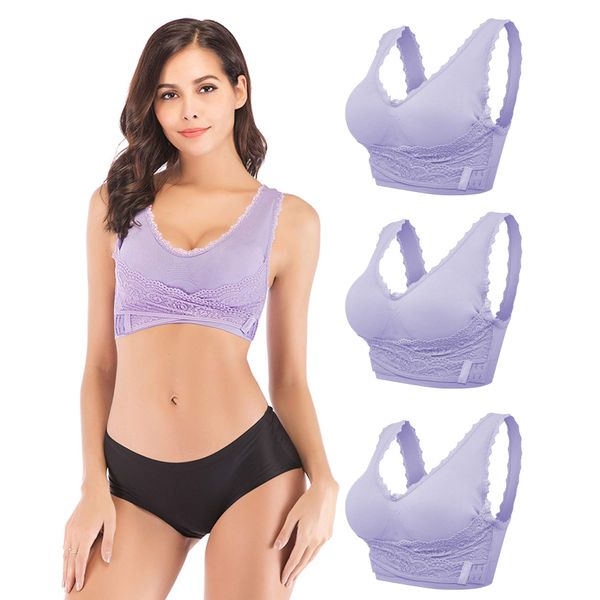 Hioffer Night Bra, Bust Lifting, Wireless, Night Bra, Breastfeeding, Correction, Beautiful Breasts, Sports Bra, Sleep Bra, Underwear, Purple *3