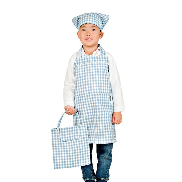 JACKIE & YORK Children’s Apron, Kids, Bandanna Style Head Covering and Storage Bag Included, Easy to Put On and Take Off, Elementary School, Unisex, Cute, Simple, Dust Resistant, Saxgingham