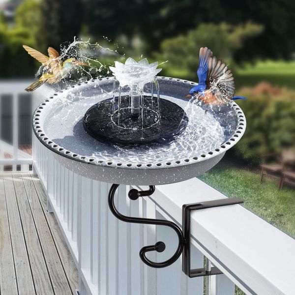 Deck Mounted Bird Bath,Solar Bird Bath Fountains for Hummingbirds,Adjustable Metal Weather Resistant Durable Deck Bird Bath Holder for Outdoor Railings, Garden, Patio Deck(Grey)