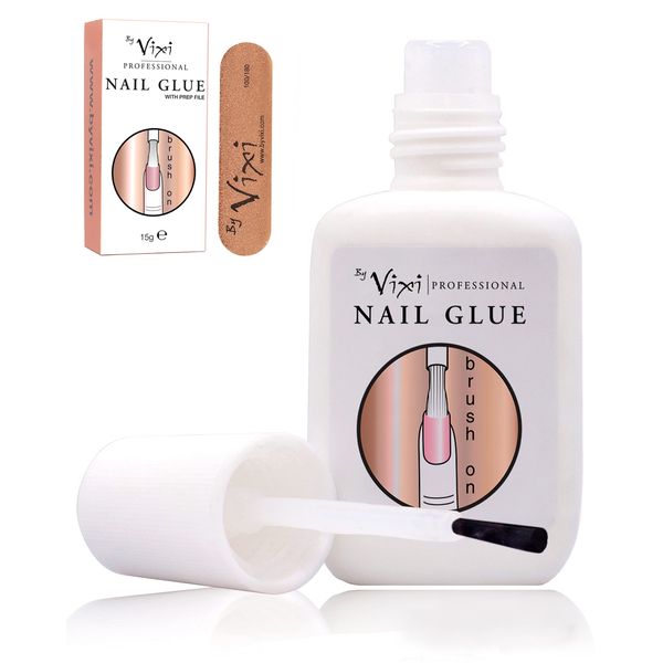 15ml By Vixi EXTRA STRONG NAIL GLUE with BRUSH and FREE PREP FILE Clear Instant Dry Adhesive, Professional Salon Quality