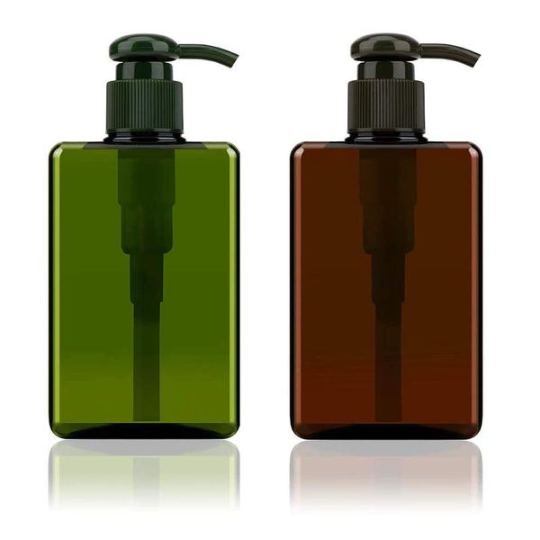 Alledomain 2PCS 280ml / 9.8oz Pump Dispenser Bottle Empty Refillable Plastic Lotion Pump Bottles, Shampoo Body Wash Shower Square Storage Holder Container Toiletries Liquid Dispenser (Green + Brown)