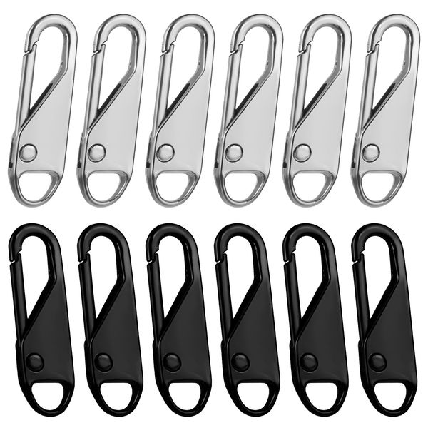 12PCS Zipper Pull Replacement Detachable Zipper Pull Tabs Repair Kit Metal Zipper Handle Mend Fixer Backpack Zippers Extender for Luggage Backpacks Purse Clothing Jackets(Silver, Black)