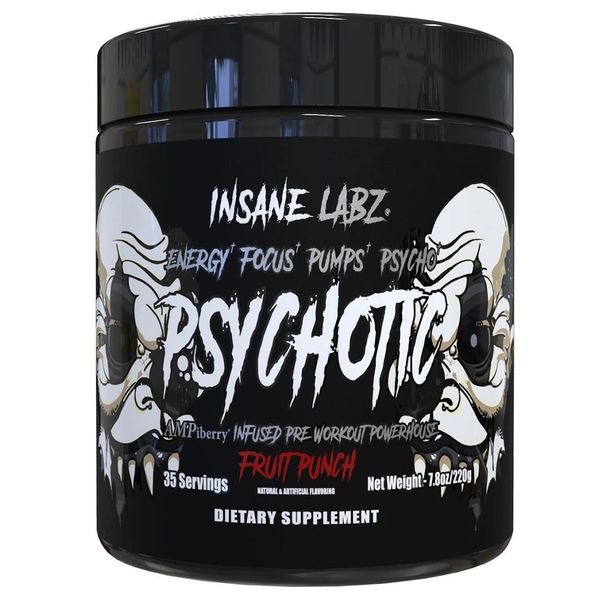 Insane Labz Psychotic Black Edition Mid Stimulant Pre Workout Powder, Energy Focus Pumps, Loaded with Creatine Beta Alanine Taurine Fueled by AMPiberry, 35 Servings Fruit Punch