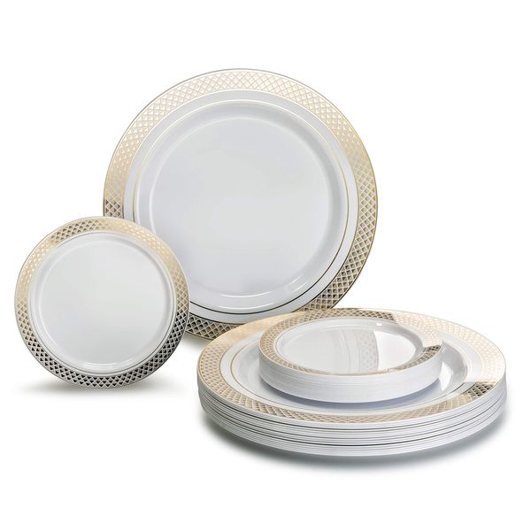 " OCCASIONS " 50 Plates Pack, Heavyweight Premium Disposable Plastic Plates Set (25 x 10.5'' Dinner + 25 x 6.25'' Cake plates) (Celebration White & Gold)