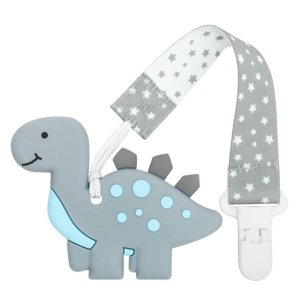 Teething Toys for Babies 3 Months Baby Teethers with Clip Silicone Baby Teether Toys for Boys and Girls Infant Teething Relief for Teething Dinosaur Shape, Dinosaur Grey