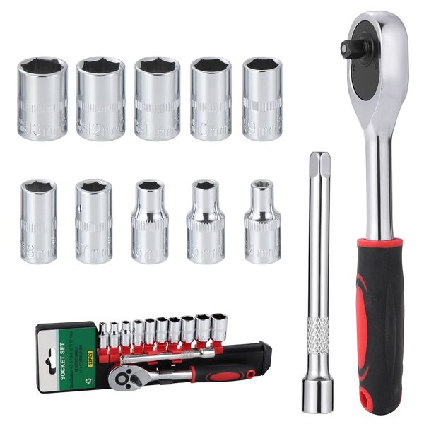 Moendergo 12pcs 1/4″ Metric Socket Wrench Set, Drive Ratchet with High Precision Gear Ratchet Wrench Extension Rod and 10pcs Short Set(4-13mm) Suitable for Furniture Auto Car Repair