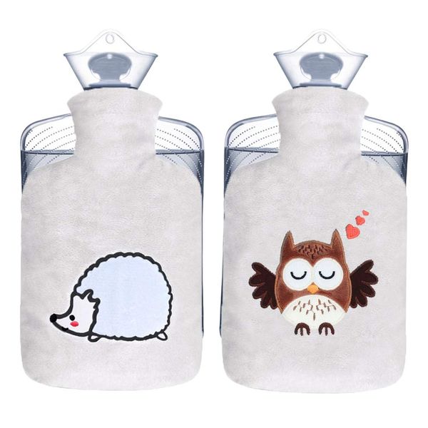 TONGMO Hot Water Bottle with Cute Cover, Capacity 0.4 gal (1.8 L), Set of 2, Hot Water Bottle, No Electricity Required, Soft, Warm Goods, Warm Goods, Feet and Cold Protection, Perfect for Menstrual Period (Hedgehog and Owl 1)