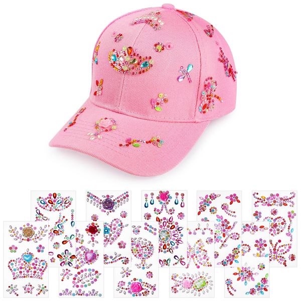 Aomig DIY Baseballkappe, Verstellbar Baseballkappe Bastelset Kinder Mädchen mit 10 Pcs Glitzersteine Selbstklebend, Baseball Cap Sonnenhut Geschenke für Mädchen 4 5 6 7 8 9 10 11 Jahre（Rosa）